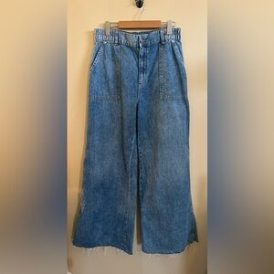 Women's Blue Wide-Leg Cargo frayed Jeans